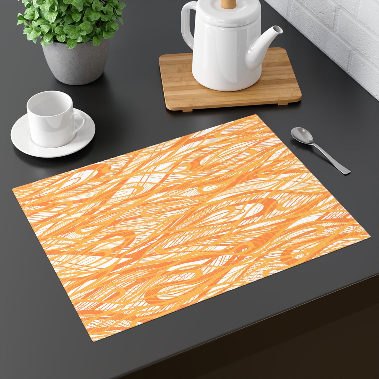 Wave Vibrations Orange Tangerine Modern Coastal Pattern Tablescape Decorative Placemat, 1pc