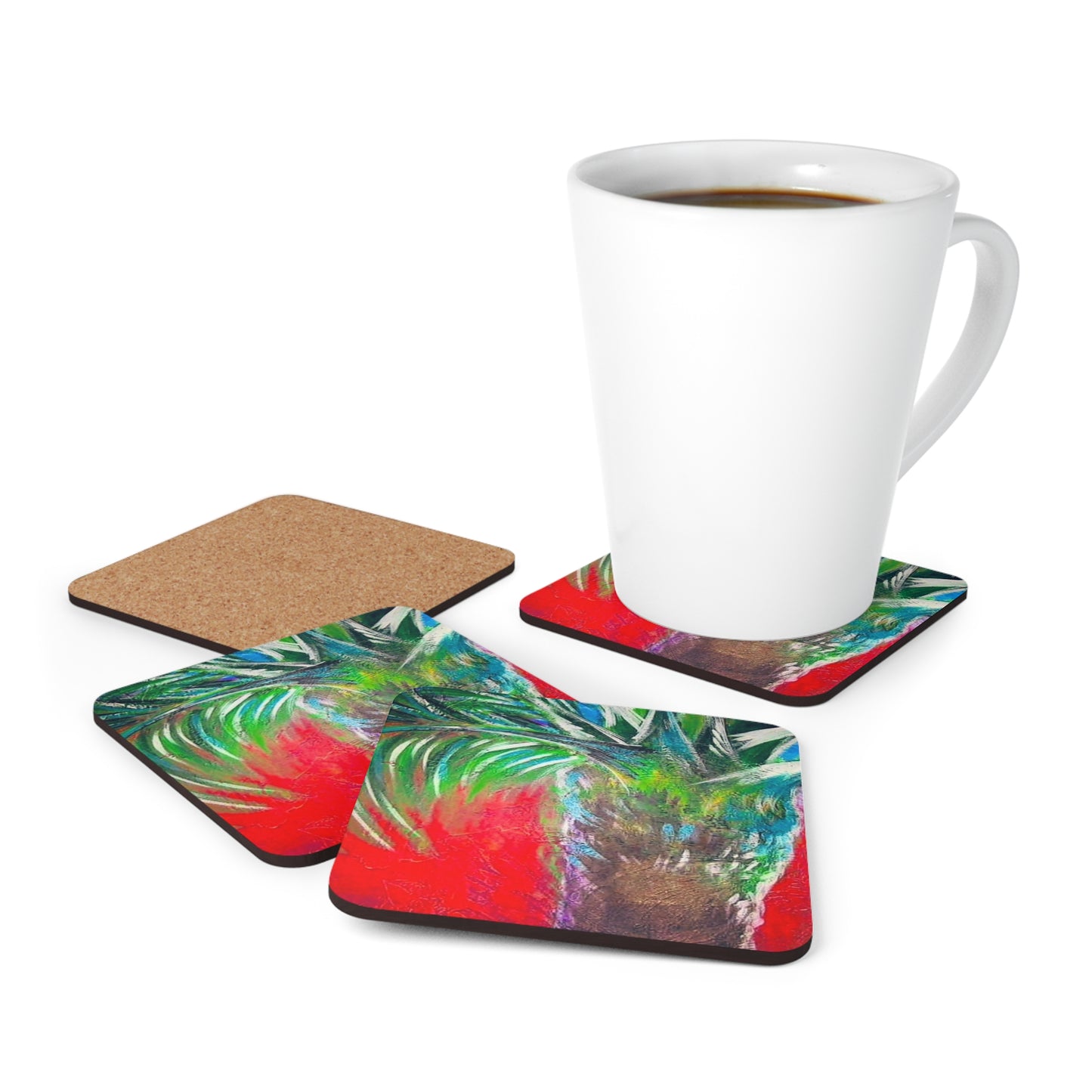 Island Coastal Tropical Palm Painterly Cocktail Beverage Entertaining Corkwood Coaster Set