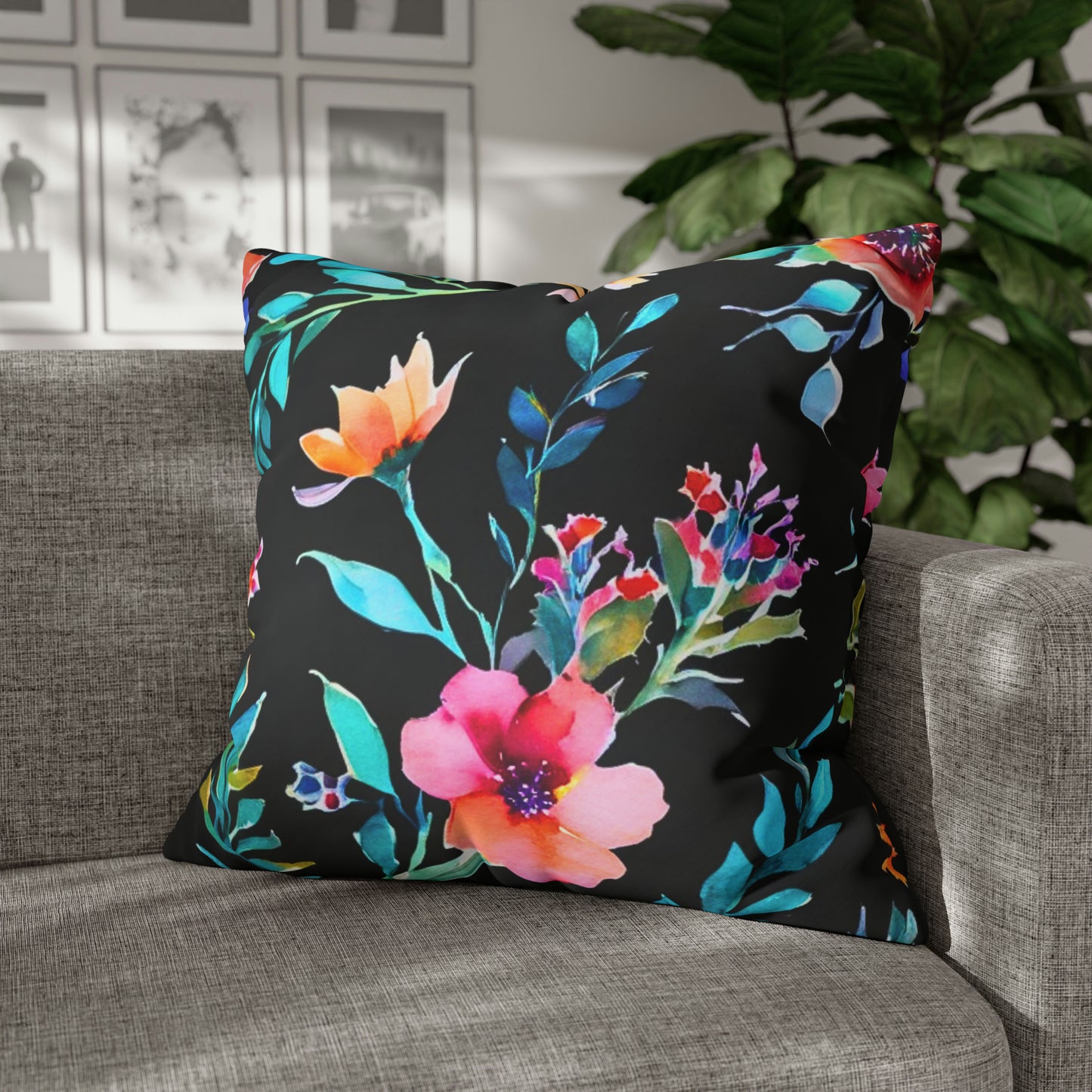 Midnight Floral II Watercolor Original Square Poly Canvas Pillow Cover