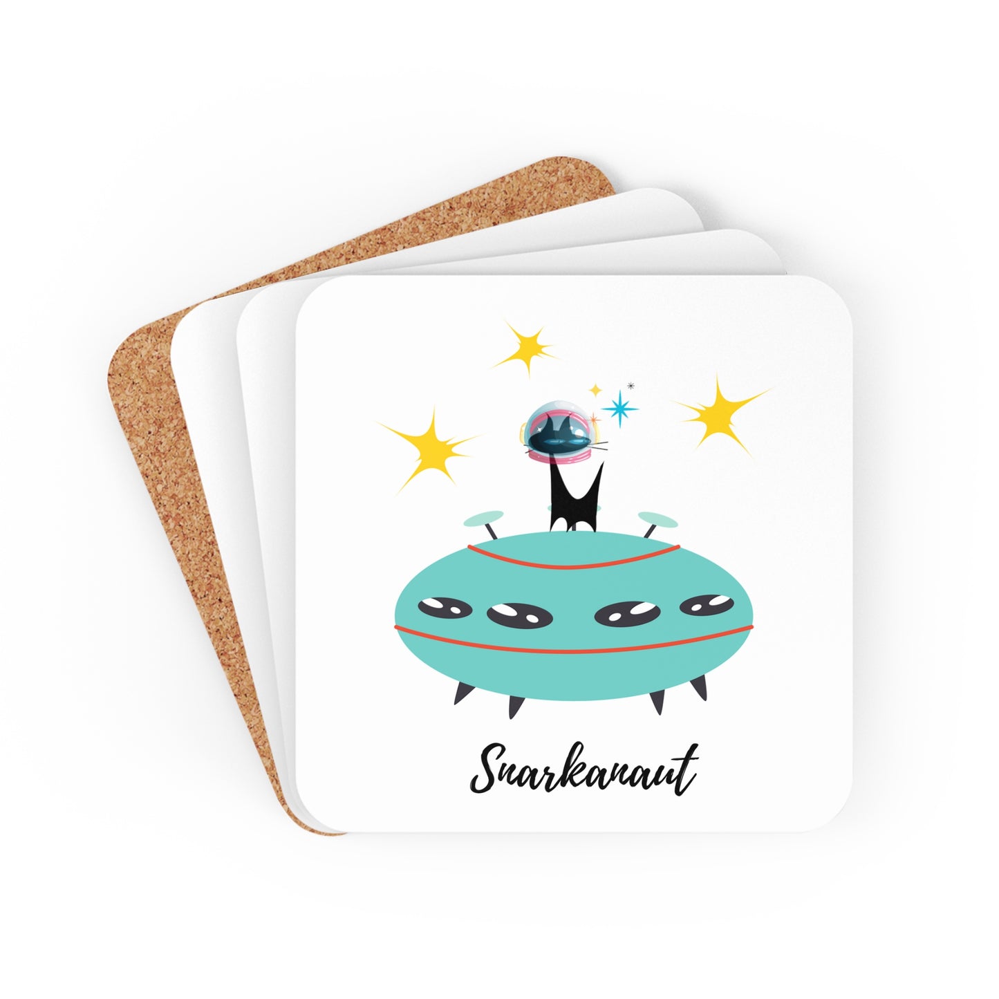 Snarkanaut Midcentury Modern Atomic Cat Spaceship Cocktail Beverage Entertaining Corkwood Coaster Set