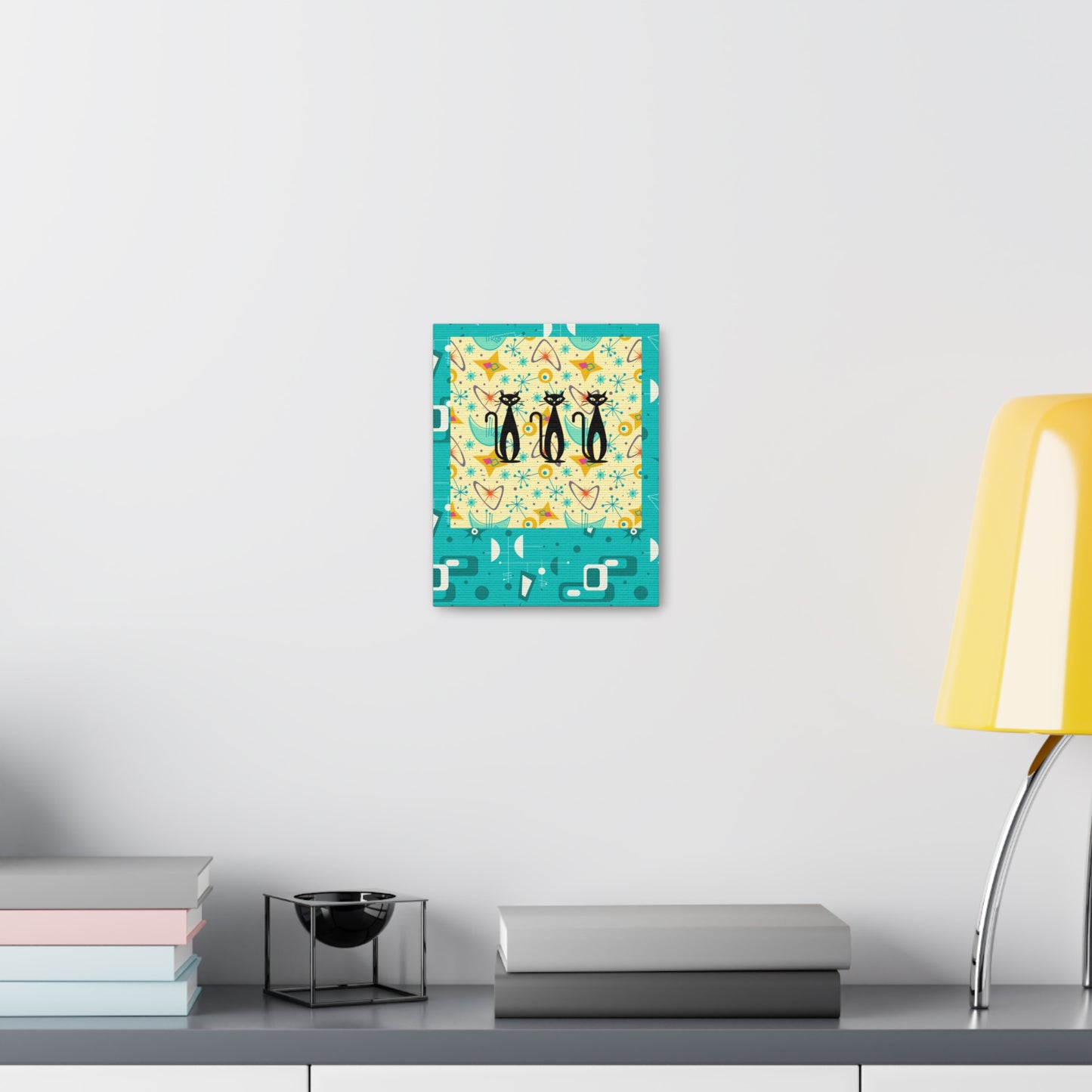 Triple Kitties Midcentury Modern Aqua Children Nursery Playroom Original Art Canvas Gallery Wraps