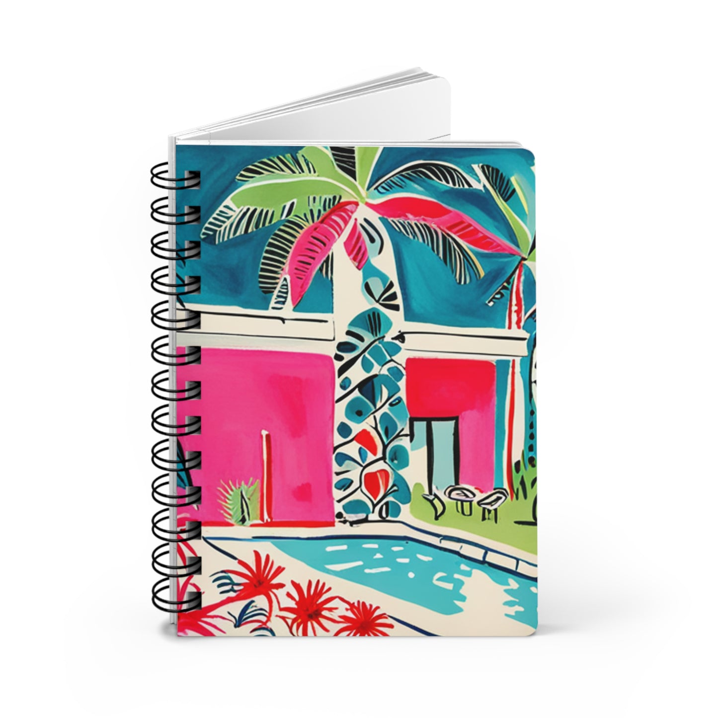 Midcentury Modern Cabana Miami Winter Pink Palm Trees Poolside Writing Sketch Travel Spiral Bound Journal