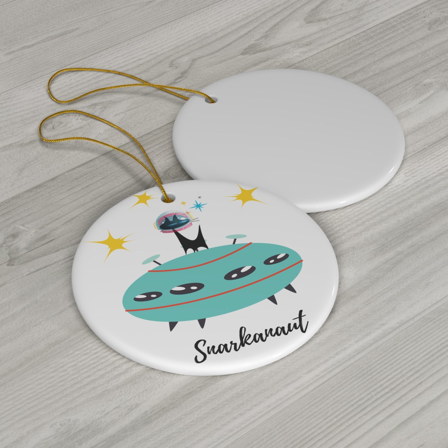 Snarkanaut Midcentury Modern Cat Spaceship Ceramic Ornament