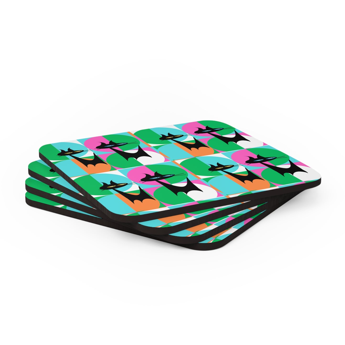 Mod Cats Midcentury Modern Atomic Black Cats Cocktail Party Beverage Entertaining Corkwood Coaster Set