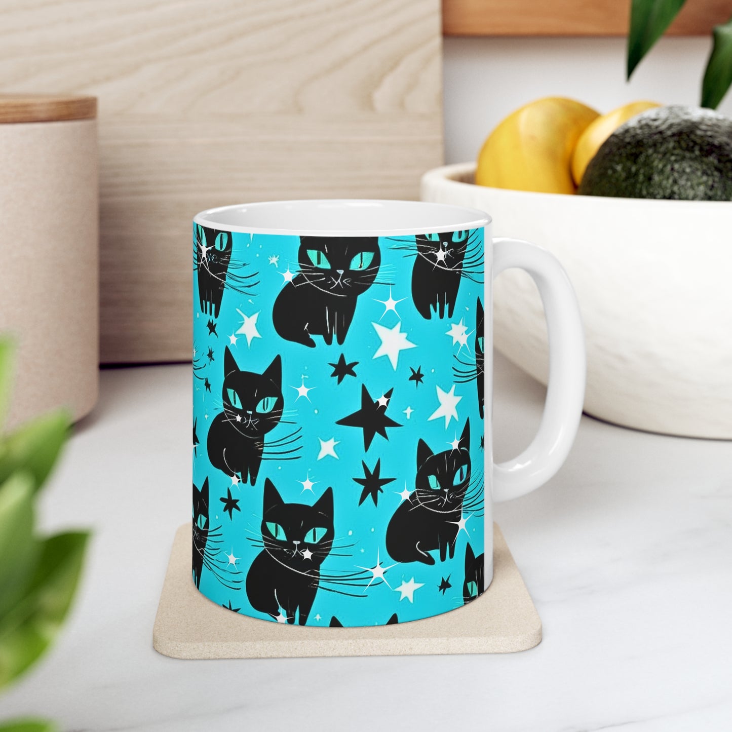 Dynamic Stars Midcentury Modern Black Cat Hot Beverage Coffee Tea Ceramic Mug 11oz