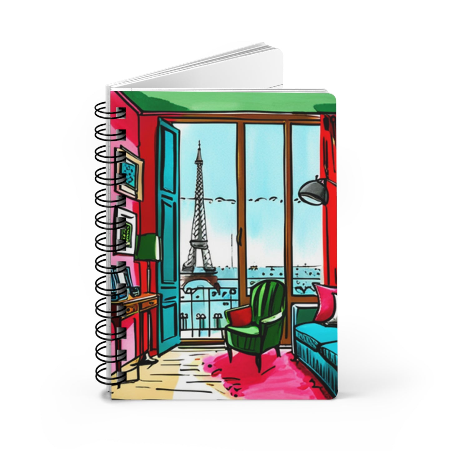 Parisian Apartment Eiffel Tower Watercolor Illustration 1960s Writing Sketch Travel Inspiration Spiral Bound Journal