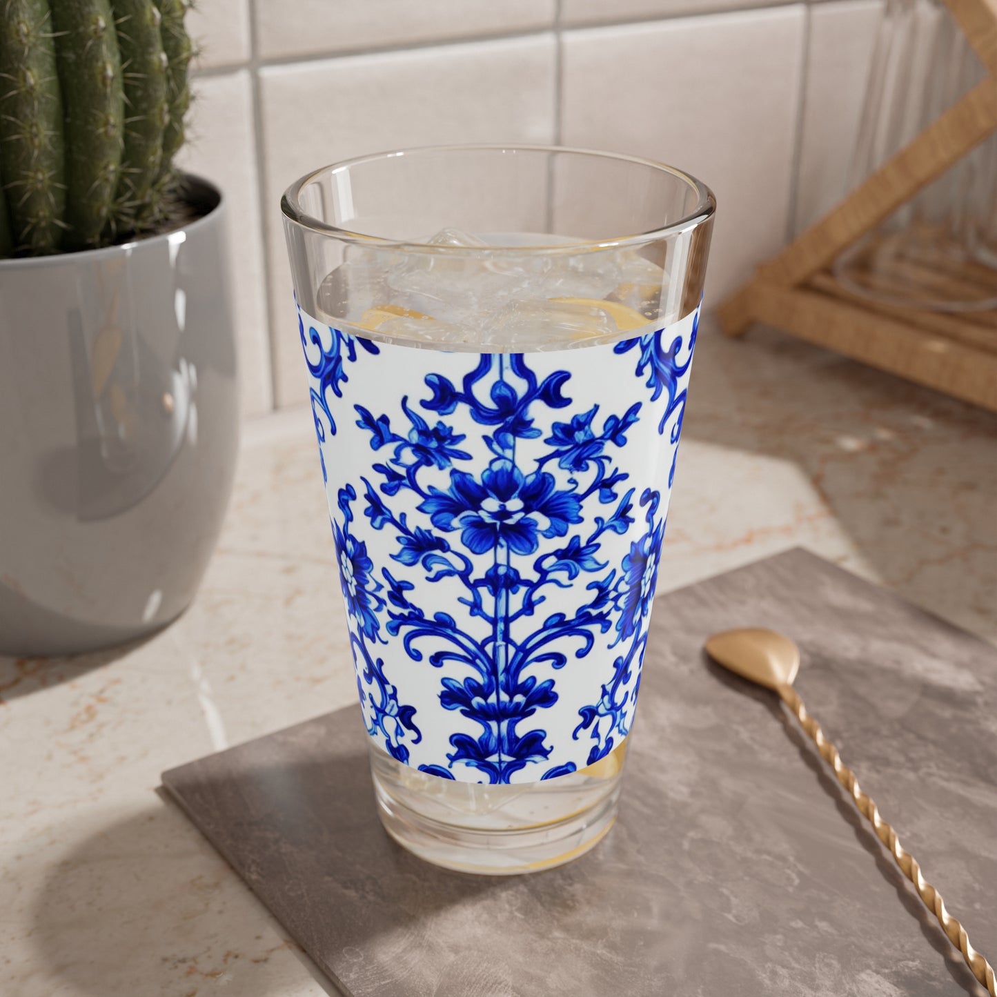 Portuguese Blue and White Tile Pattern Cocktail Party Tea Beverage Entertaining Mixing Glass, 16oz