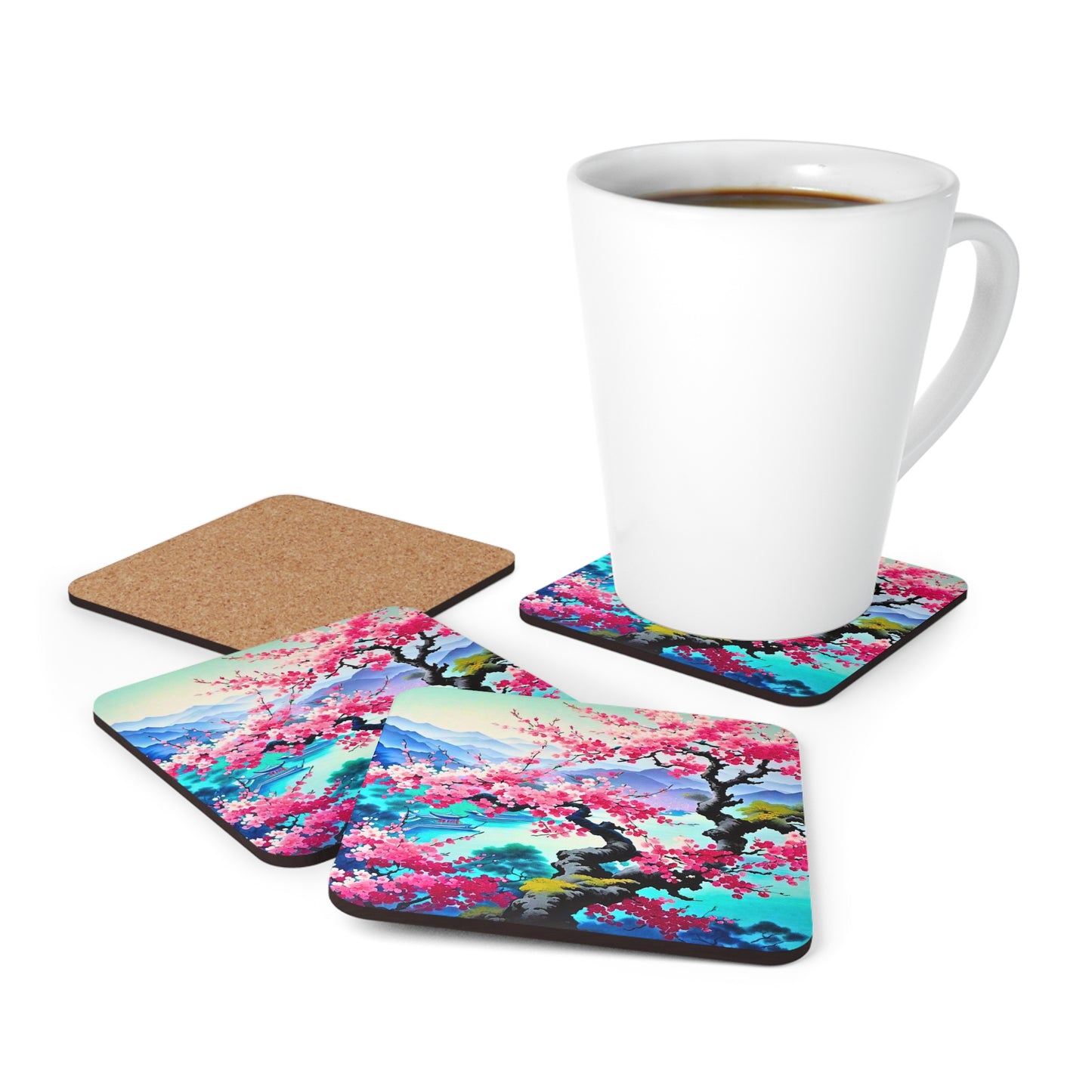 Japanese Mist Cherry Blossom Tree Dream Asian Cocktail Party Entertaining Beverage Corkwood Coaster Set