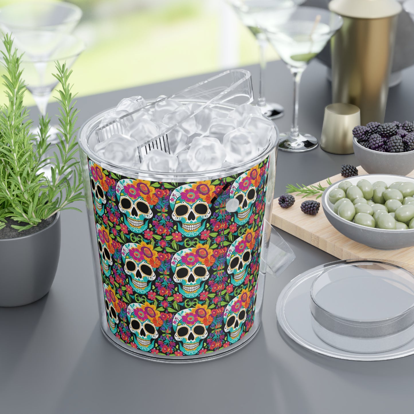 Dia de los Muertos Black Floral Sugar Skull Patio Outdoor Entertaining Ice Bucket with Tongs