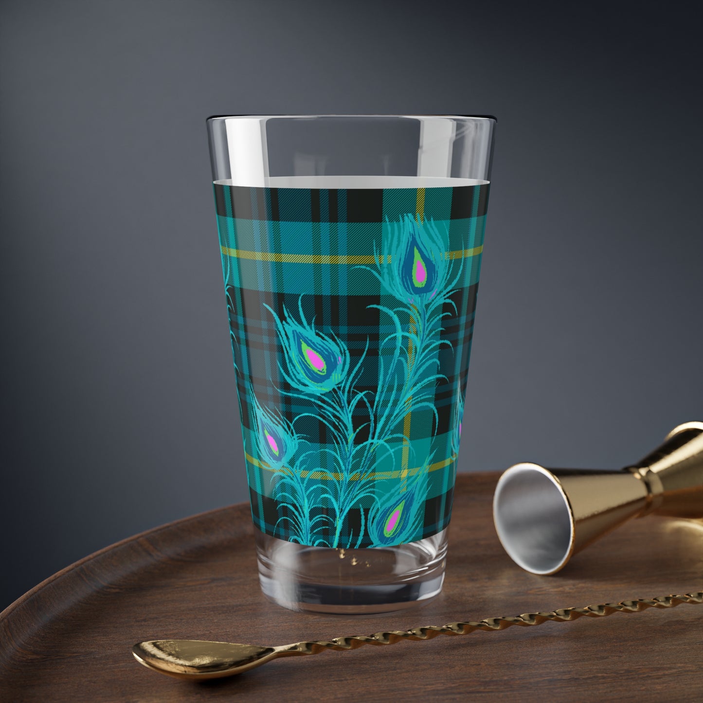 Tartan Plaid Peacock Feather Cocktail Party Beverage Entertaining Mixing Glass, 16oz