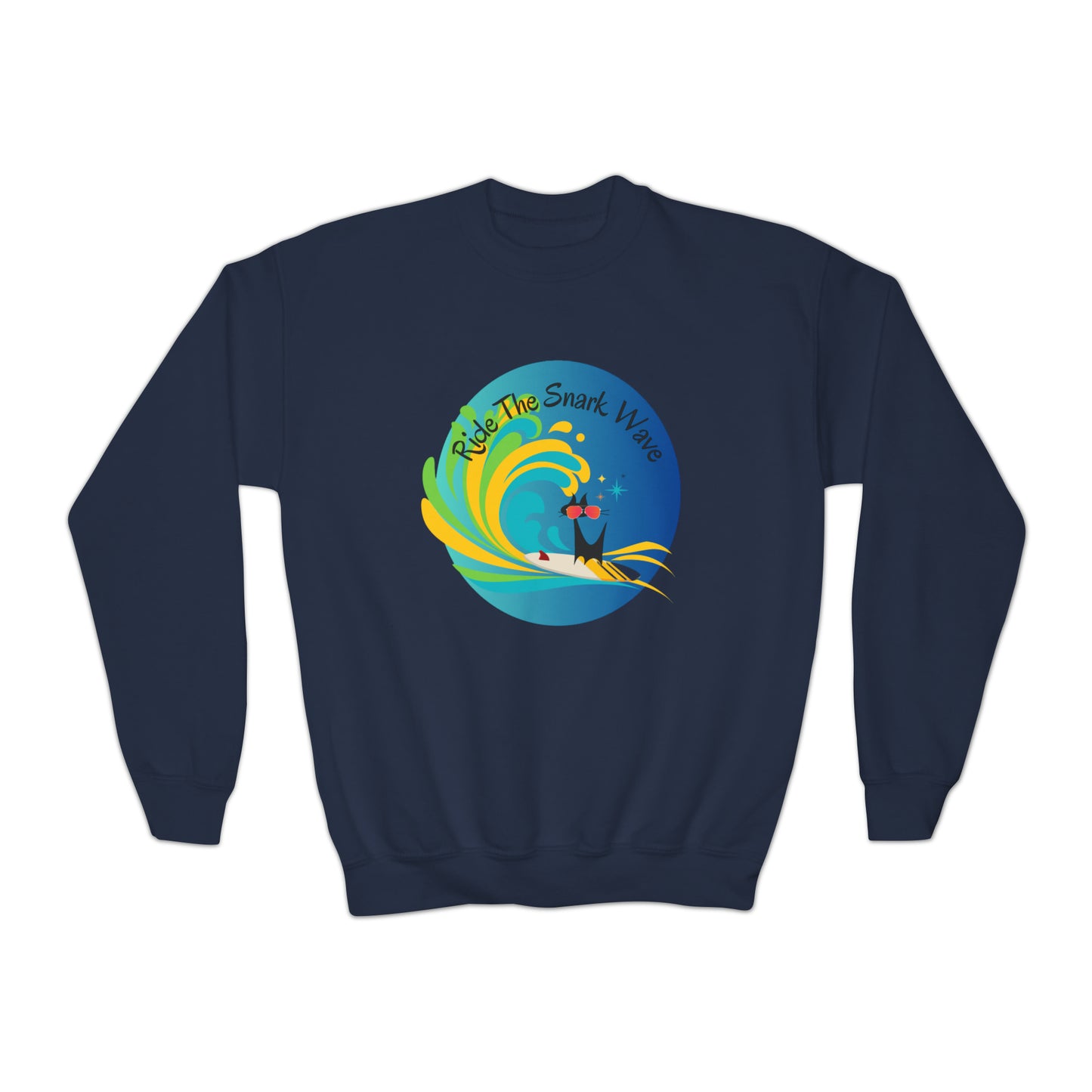 Ride the Snark Wave Surfing Ocean Waves Surfboard Hang Ten Summertime Youth Crewneck Sweatshirt