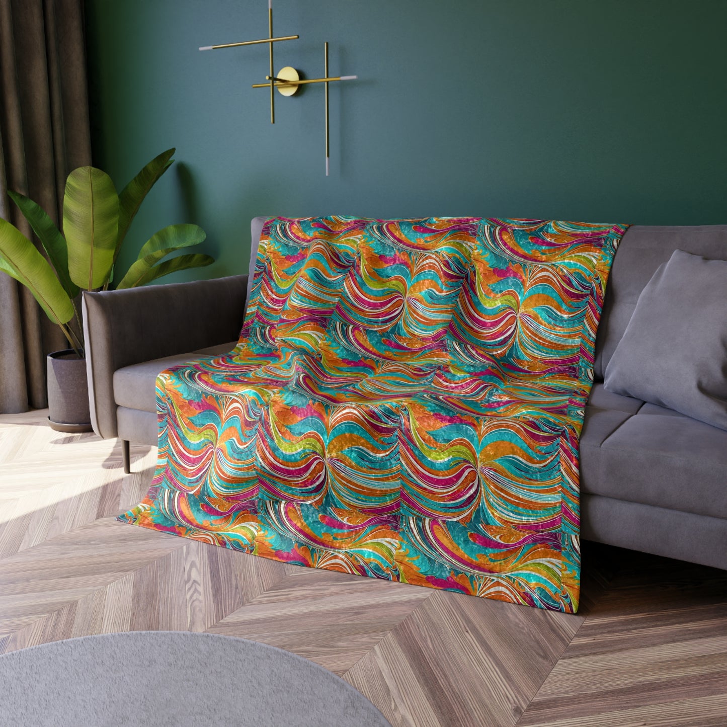 Sunset Canyon Waves 1970s Vintage Pattern Warm Cozy Lounge Shimmer Crushed Velvet Blanket