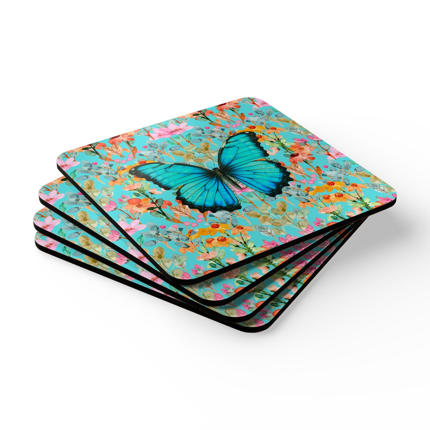 Wildflower Fields Turquoise Cocktail Beverage Corkwood Coaster Set