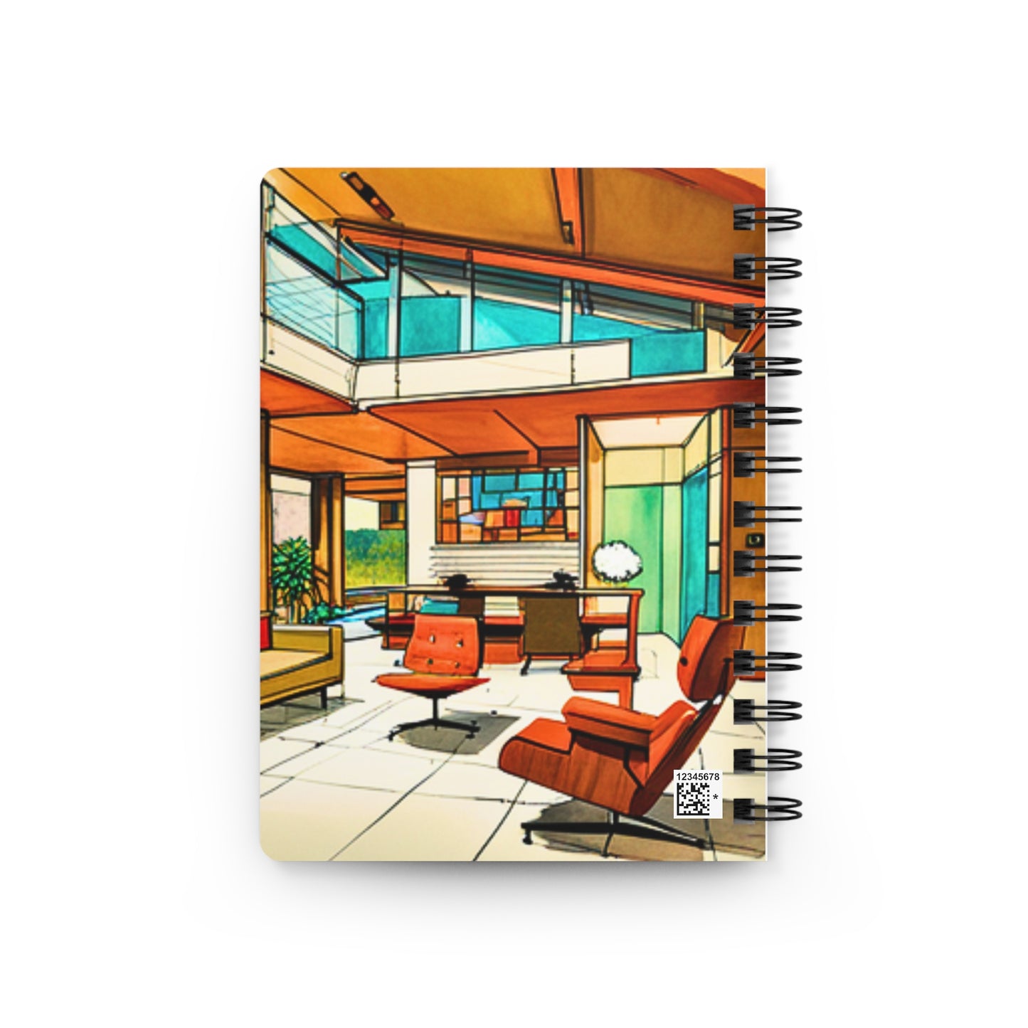 Atrium Sunroom Midcentury Modern Architect Interior Designer Rendering Turquoise Writing Sketching Spiral Bound Journal