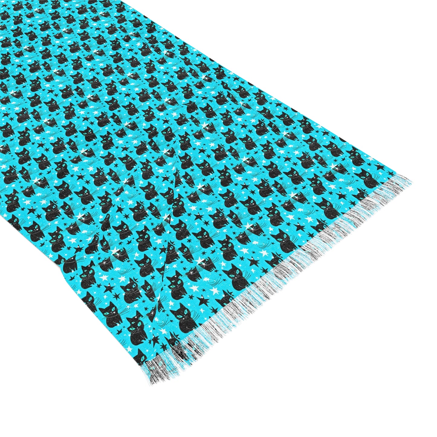 Dynamic Stars Midcentury Modern Black Cat Fashion Light Scarf with Fringe