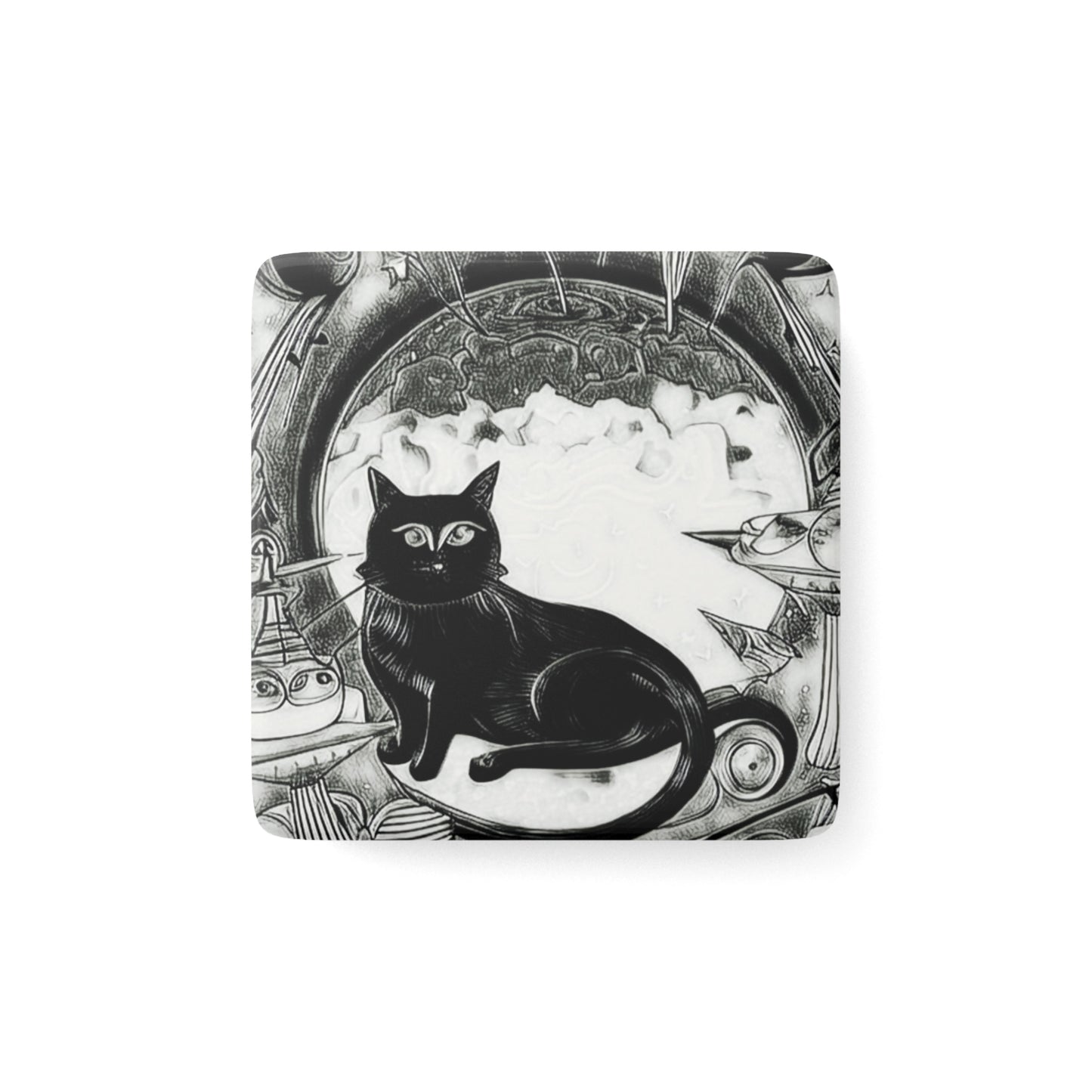 Space Cat Black and White Porcelain Magnet, Square
