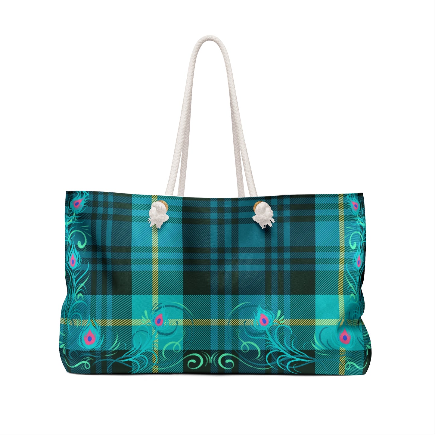 Tartan Plaid Peacock Feather Shopper Market Travel Weekender Bag