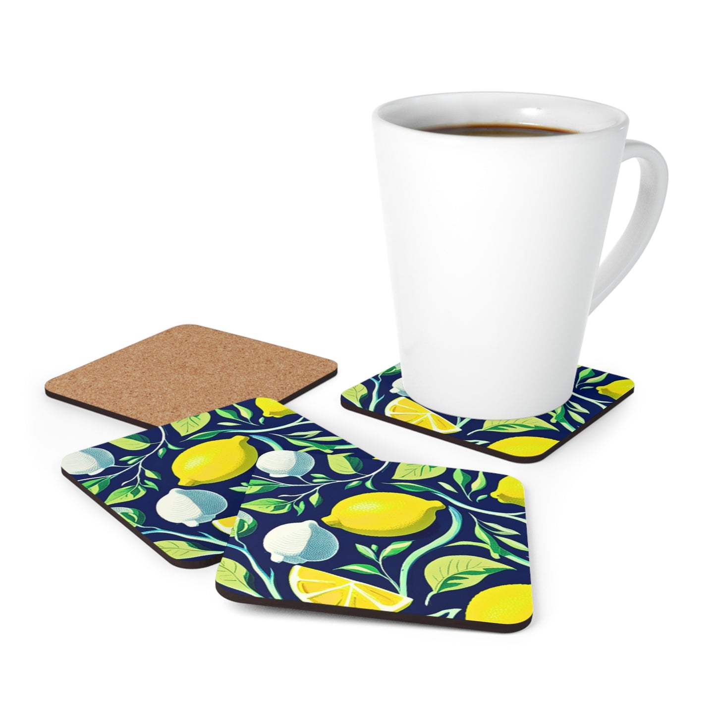 Italian Lemon Zest Botanical Illustration Pattern Cocktail Party Beverage Entertaining Corkwood Coaster Set