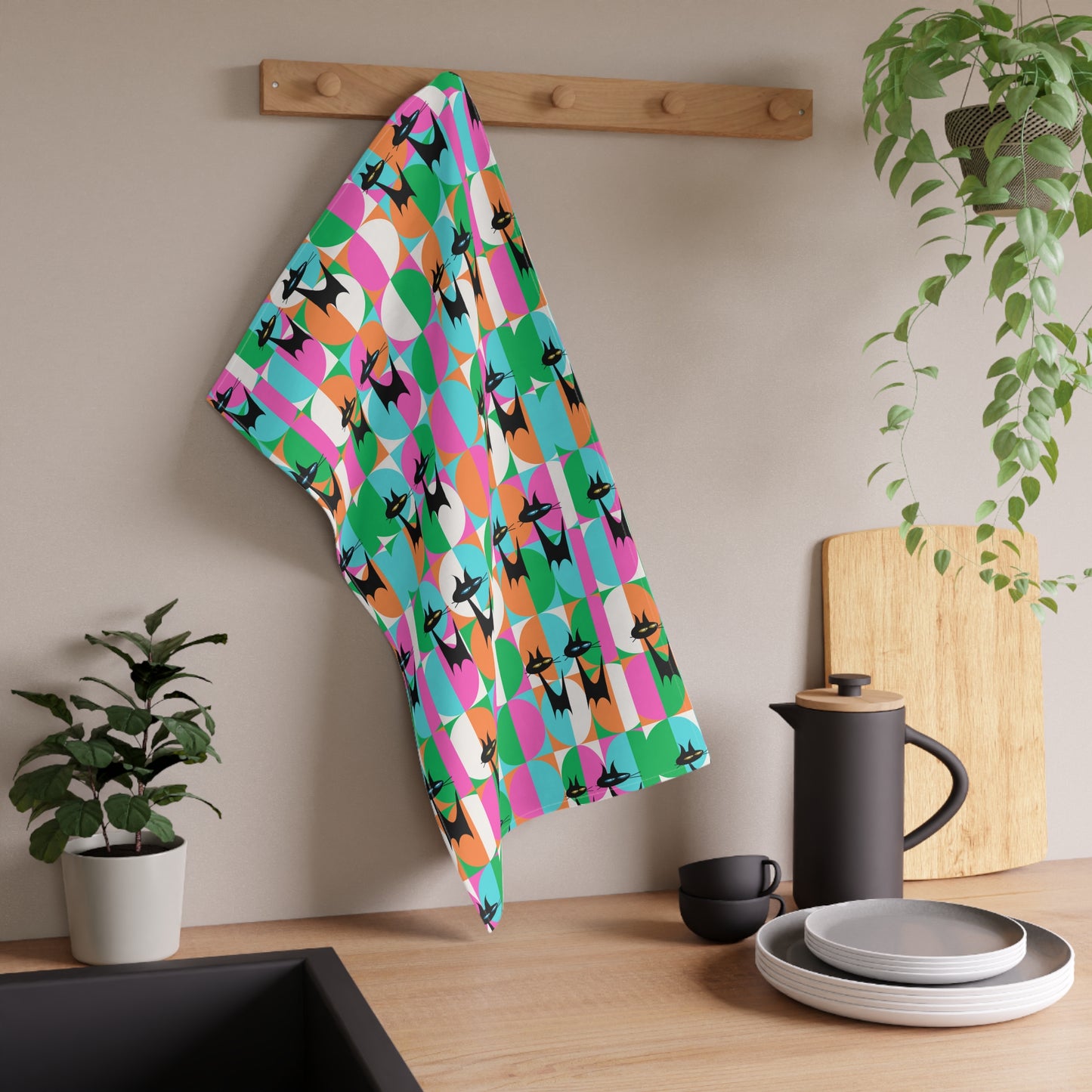 Mod Cats Midcentury Modern Atomic Black Cat Art Decorative Pattern Kitchen Tea Towel/Bar Towel