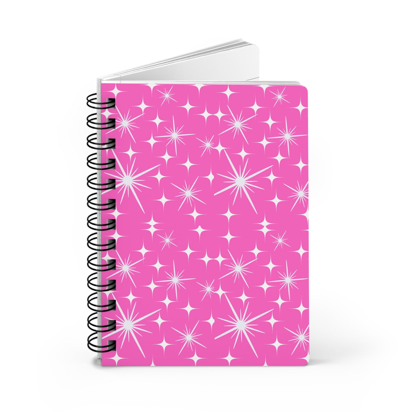 Midcentury Modern Stars Pattern Hot Pink Writing Sketch Inspiration Spiral Bound Journal
