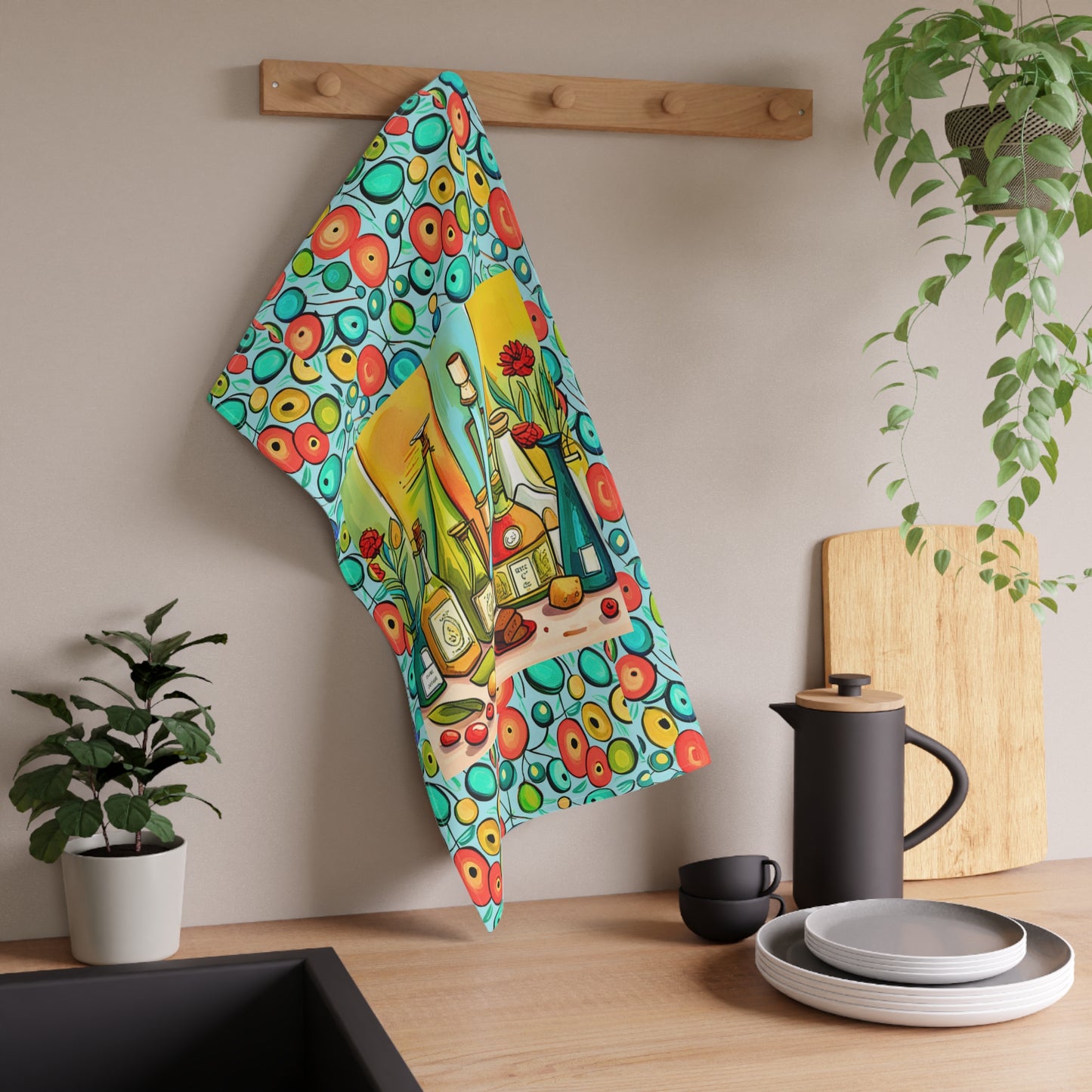 Tuscan Chef Olive Oil Pantry Midcentury Modern Illustration Watercolor Decorative Kitchen Tea Towel / Bar Towel