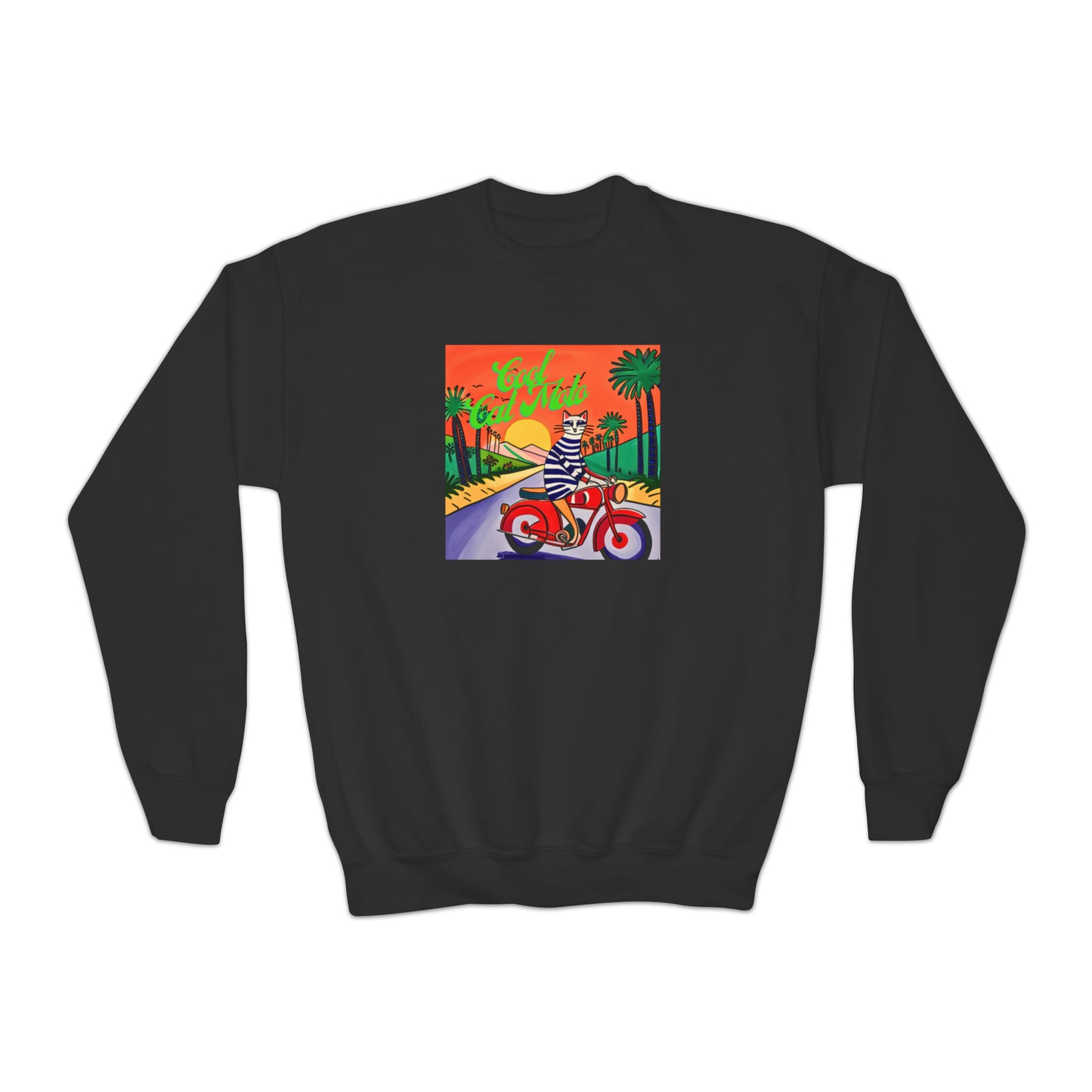 Cool Cat Moto Palm Springs Motorcycle Tour Illustration Cats Palm Trees Desert Youth Crewneck Sweatshirt