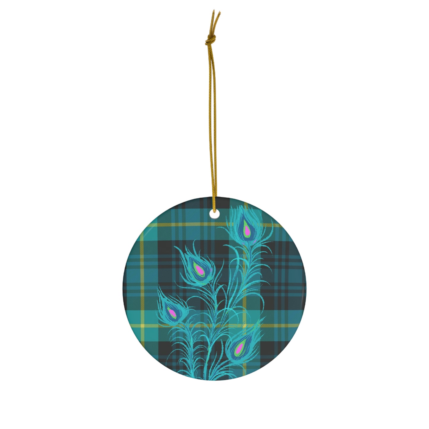 Tartan Plaid Peacock Feather Ceramic Ornament