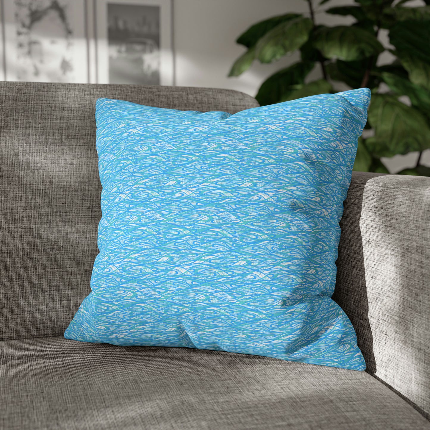 Wave Vibrations Turquoise Aqua Modern Coastal Pattern Decorative Spun Polyester Pillow Cover