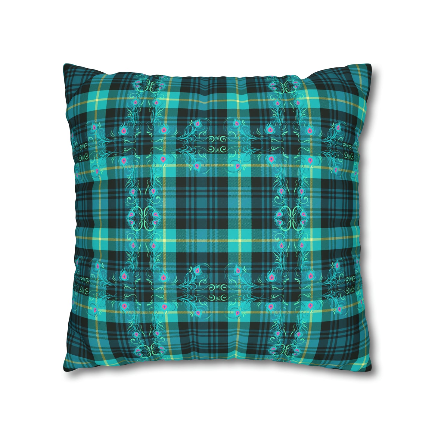 Tartan Plaid Peacock Feather Teal Greens Decorative Spun Polyester Pillow Cover