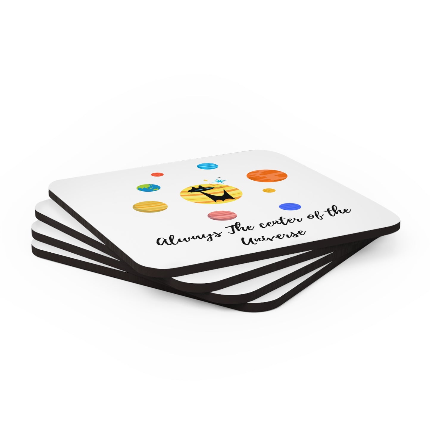 Always the Center of the Universe Midcentury Modern Atomic Cat Planets Cocktail Beverage Entertaining Cork Coaster Set