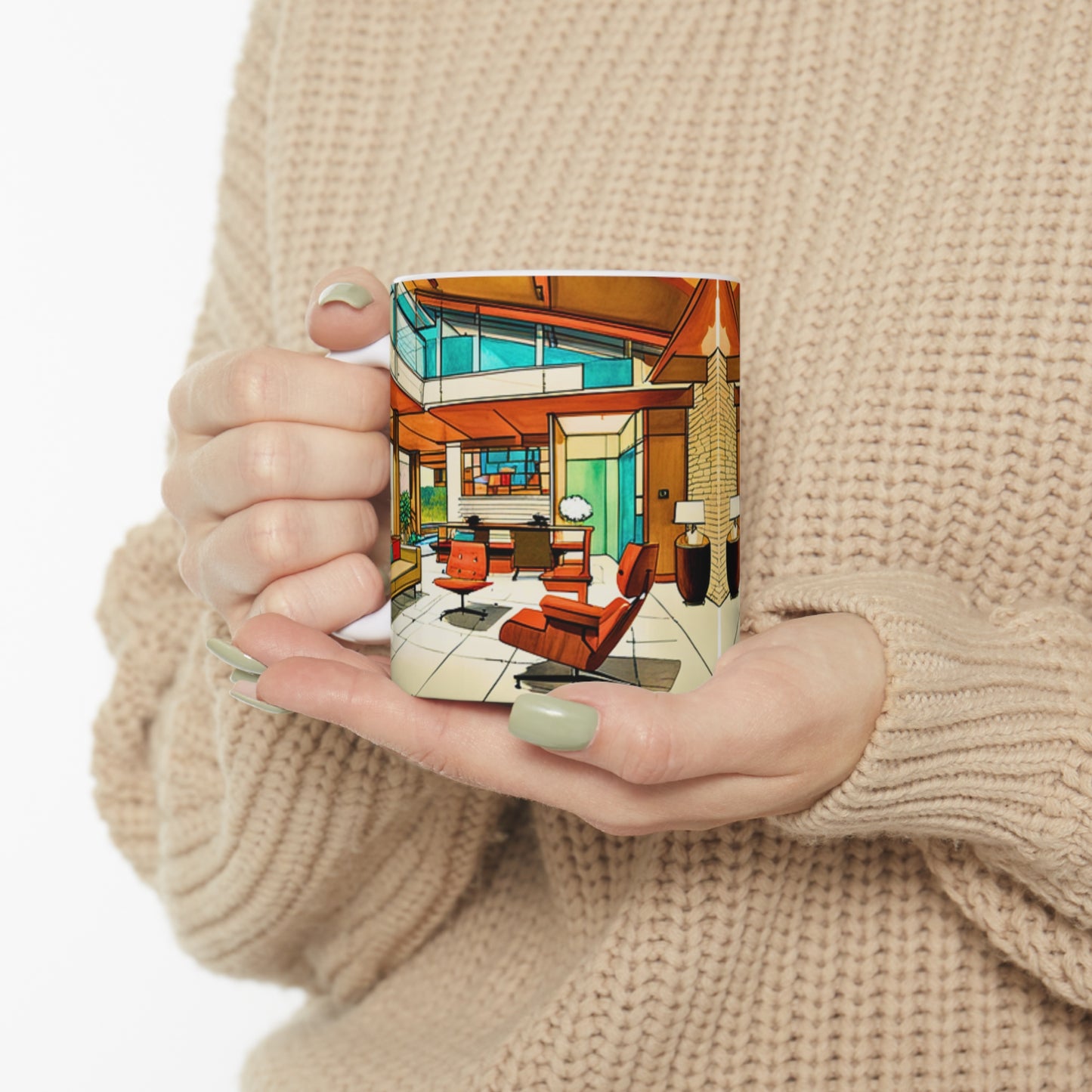 Atrium Sunroom Midcentury Modern Architect Interior Designer Rendering Turquoise Hot Beverage Coffee Tea Chia Ceramic Mug 11oz