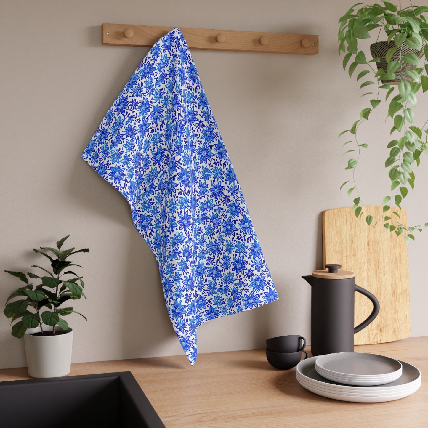 Island Blue Batik Flowers Coastal Decorative Kitchen Tea Towel/Bar Towel