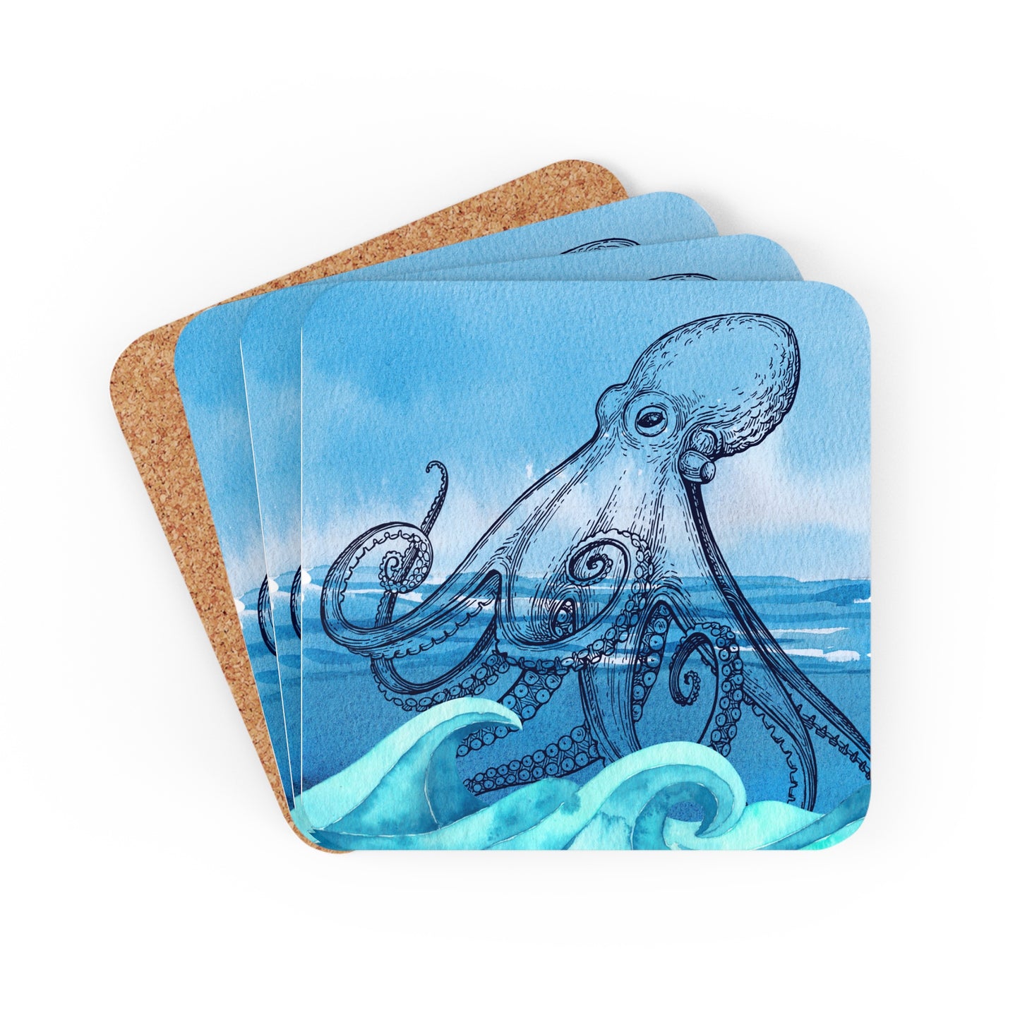 Octopus Coastal Watercolor Cocktail Party Beverage Entertaining Corkwood Coaster Set