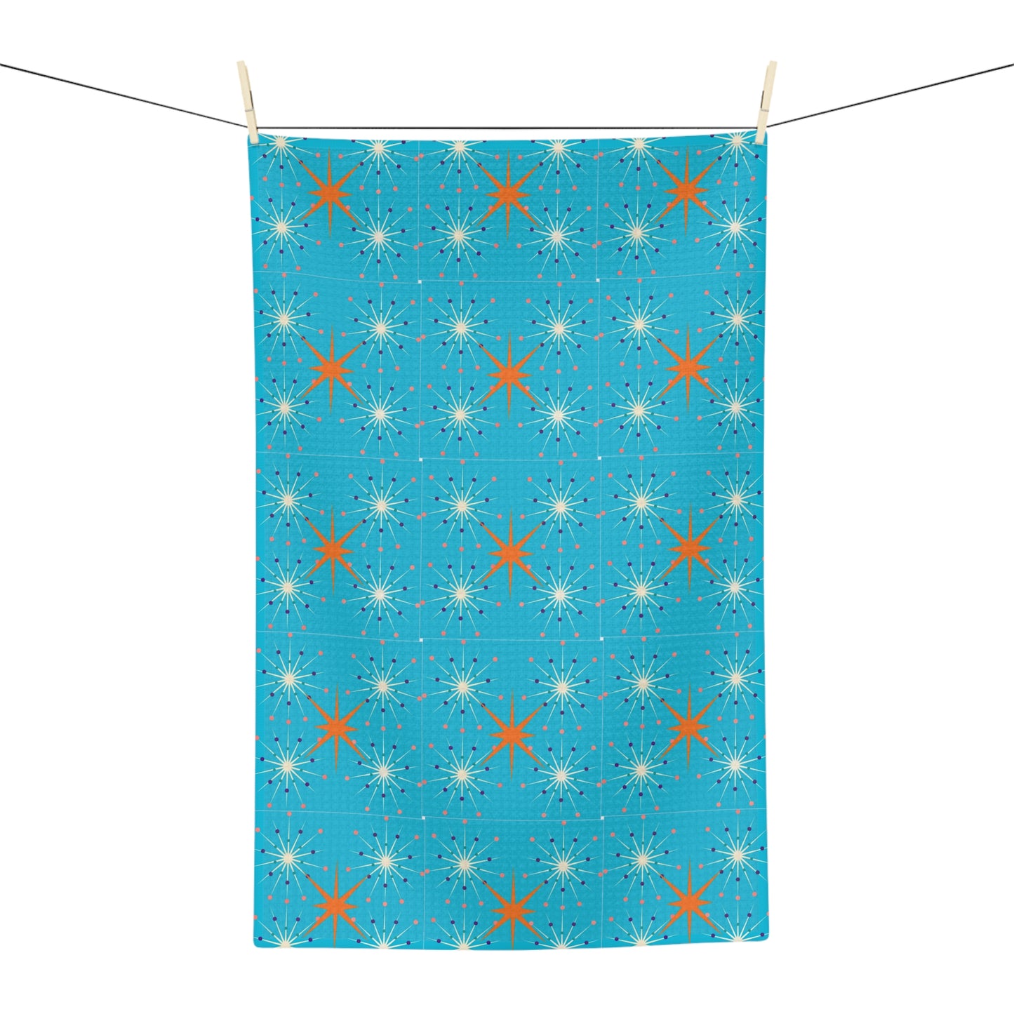 Midcentury Modern Atomic Stars Turquoise Pattern Decorative Microfiber Waffle Tea Towel/Bar Towel