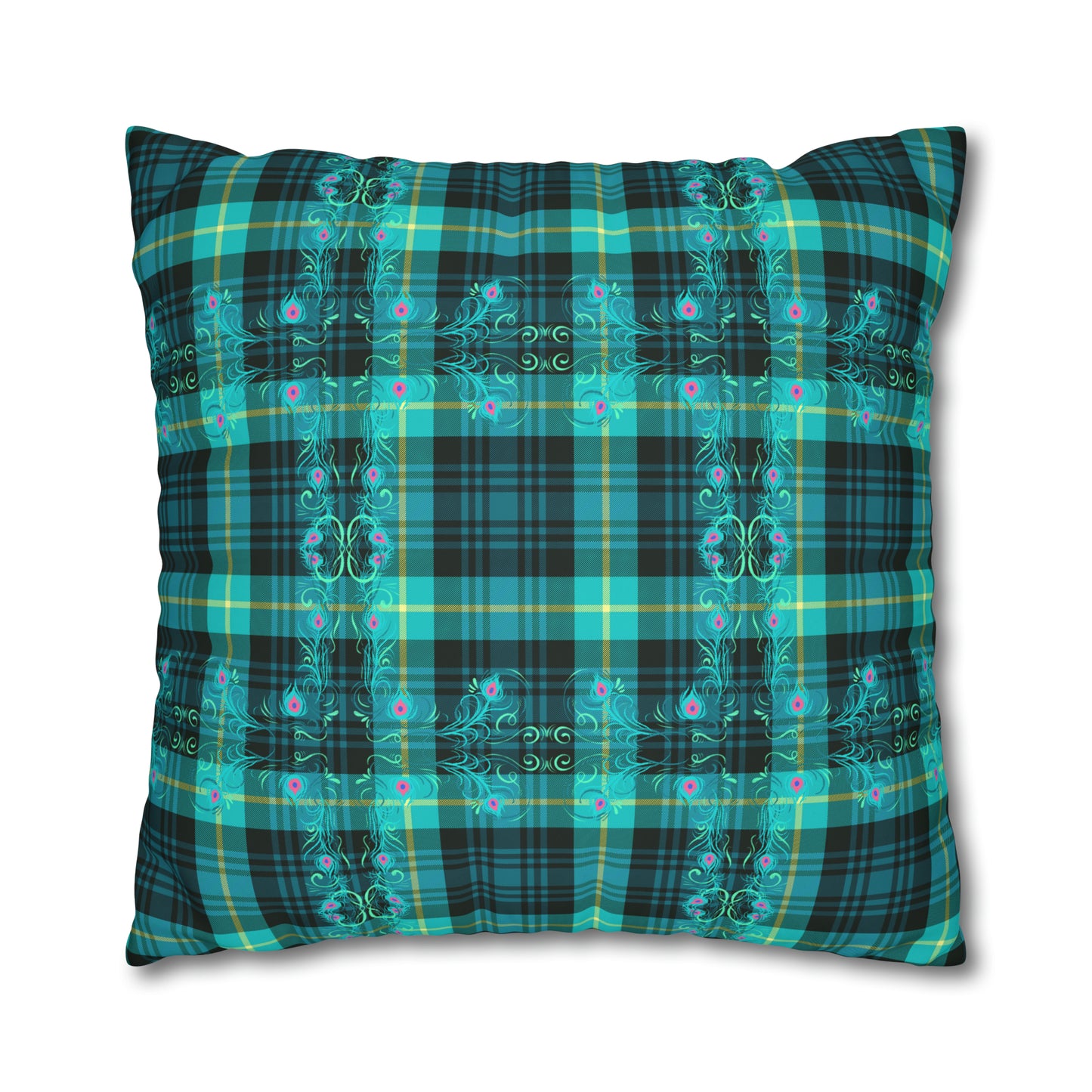 Tartan Plaid Peacock Feather Teal Greens Decorative Spun Polyester Pillow Cover