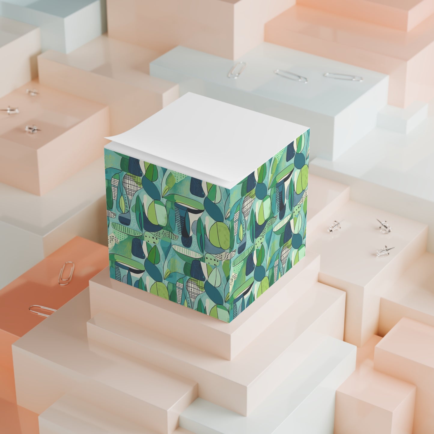 Cubist Midcentury Modern Garden Blue Green Graphic Paper Note Cube
