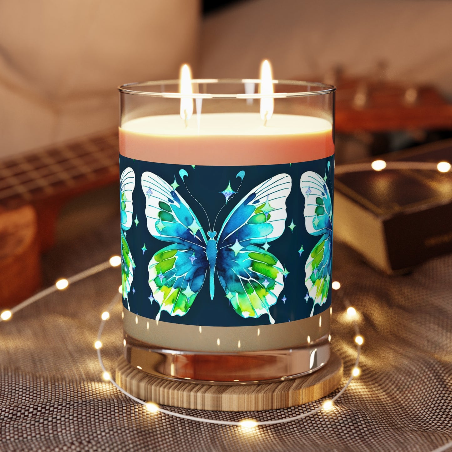 Twilight Awakening Blue Butterfly Watercolor Aromatherapy Essential Oils Natural Decorative Scented Candle - Full Glass, 11oz
