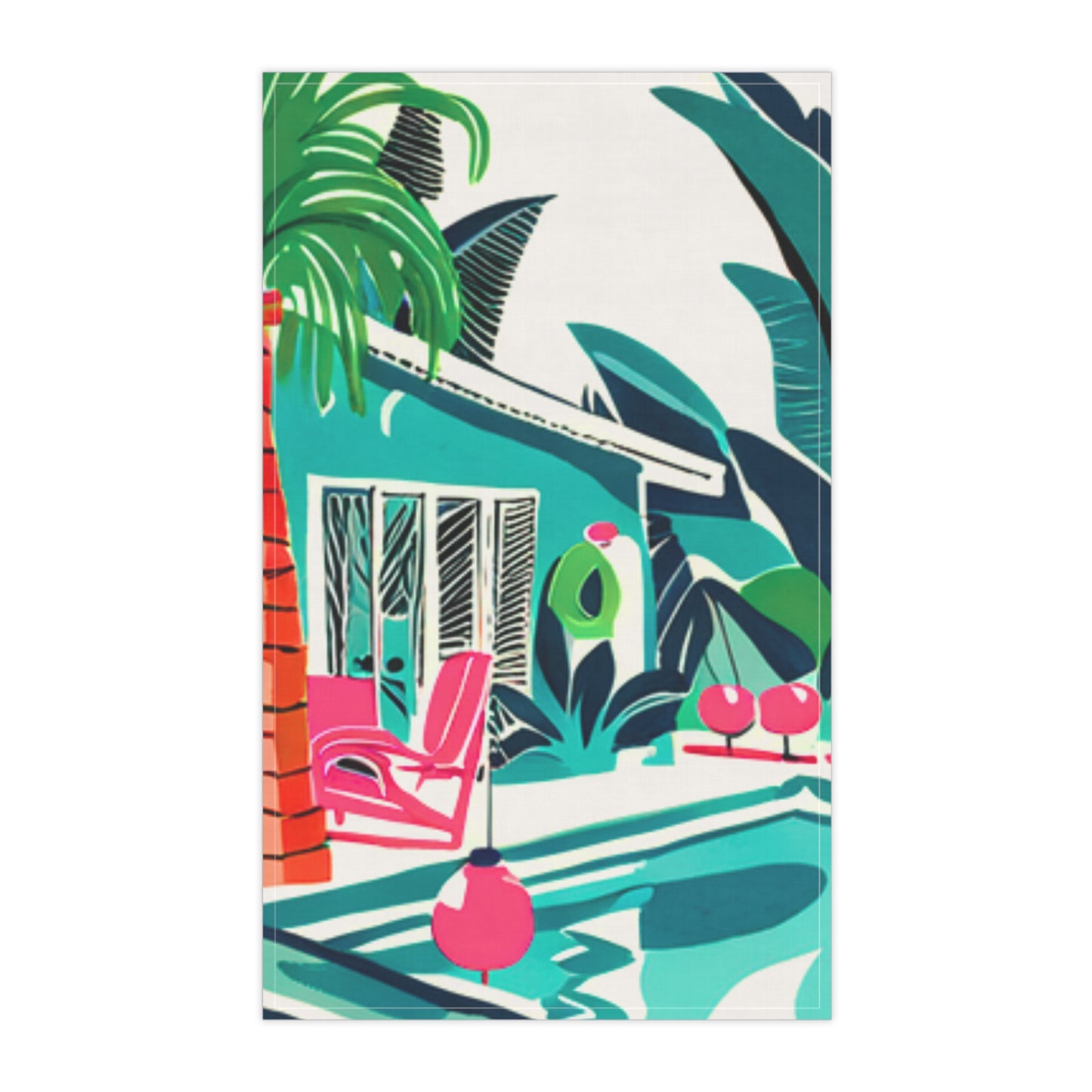 Miami Winter Poolside Midcentury Modern Palm Trees Tropical Flowers Holiday 1950 Illustration Decorative Kitchen Tea Towel/Bar Towel