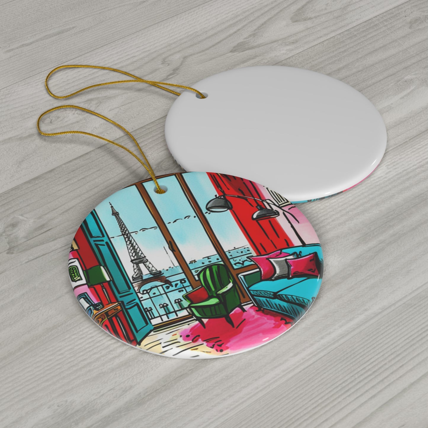 Parisian Apartment Eiffel Tower Watercolor Illustration 1960s France Ceramic Ornament