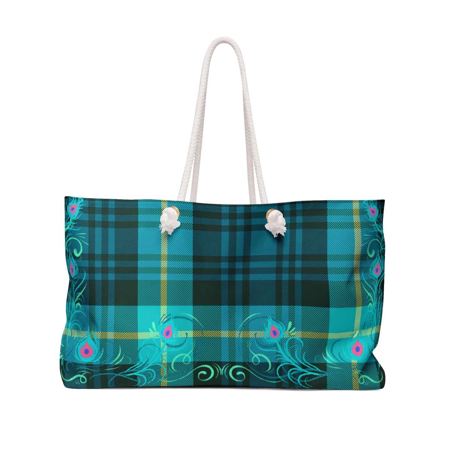 Tartan Plaid Peacock Feather Shopper Market Travel Weekender Bag