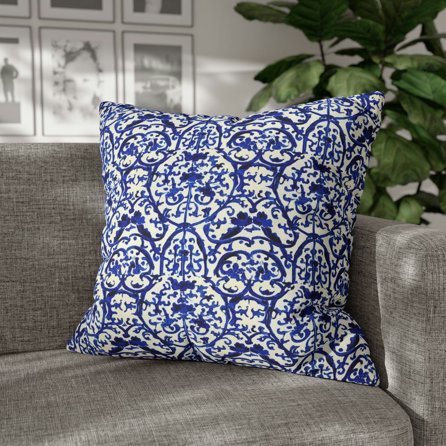 Portuguese Blue and White Tile Pattern Decorative Spun Polyester Pillow Cover