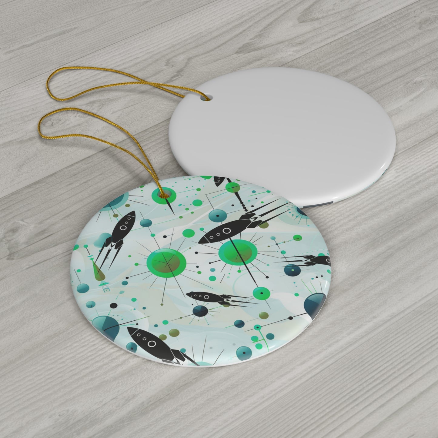 Rockets and Atomic Spheres Midcentury Modern Ceramic Ornament