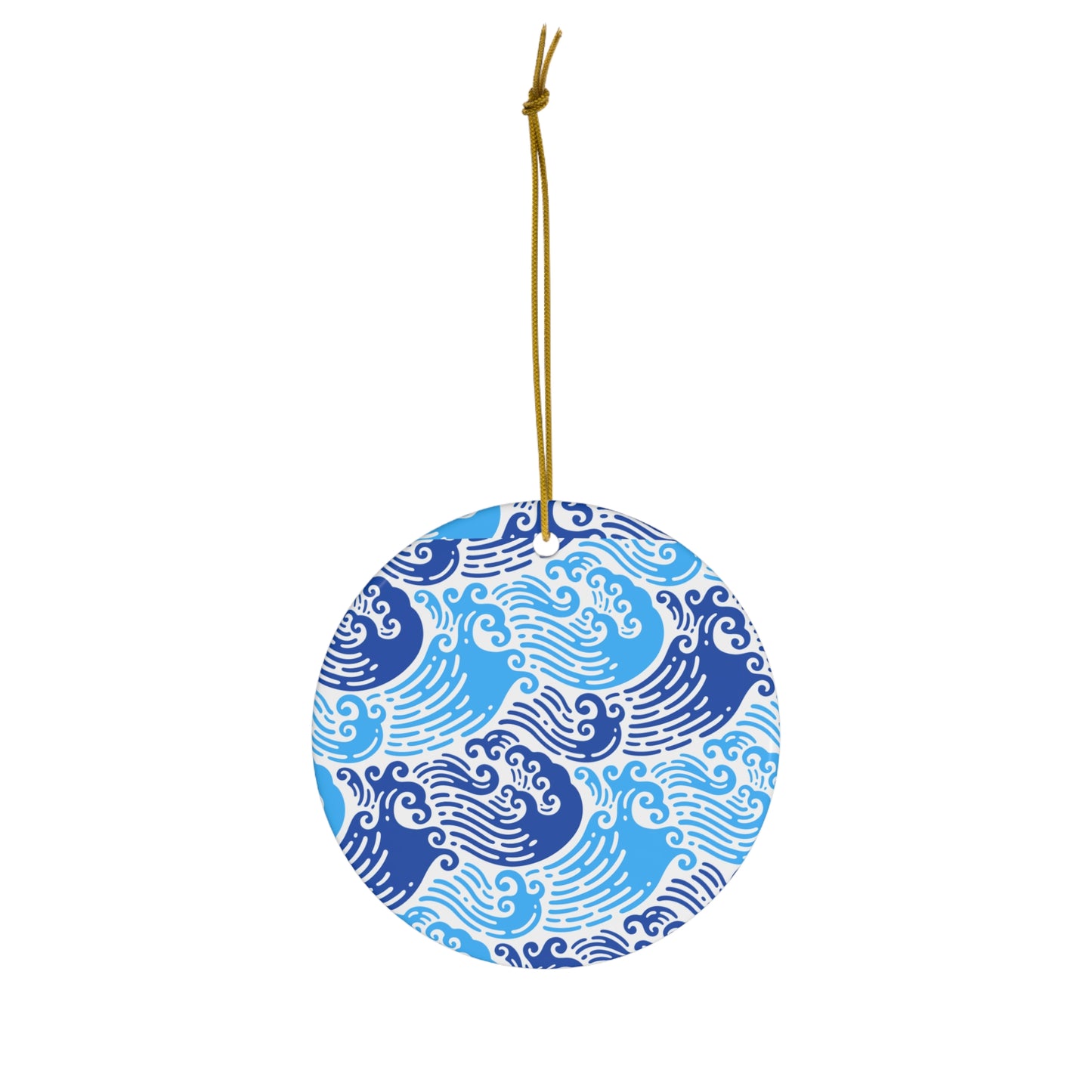 Ming Dynasty Waves Blue and White Chinese Woodblock Print Ceramic Ornament