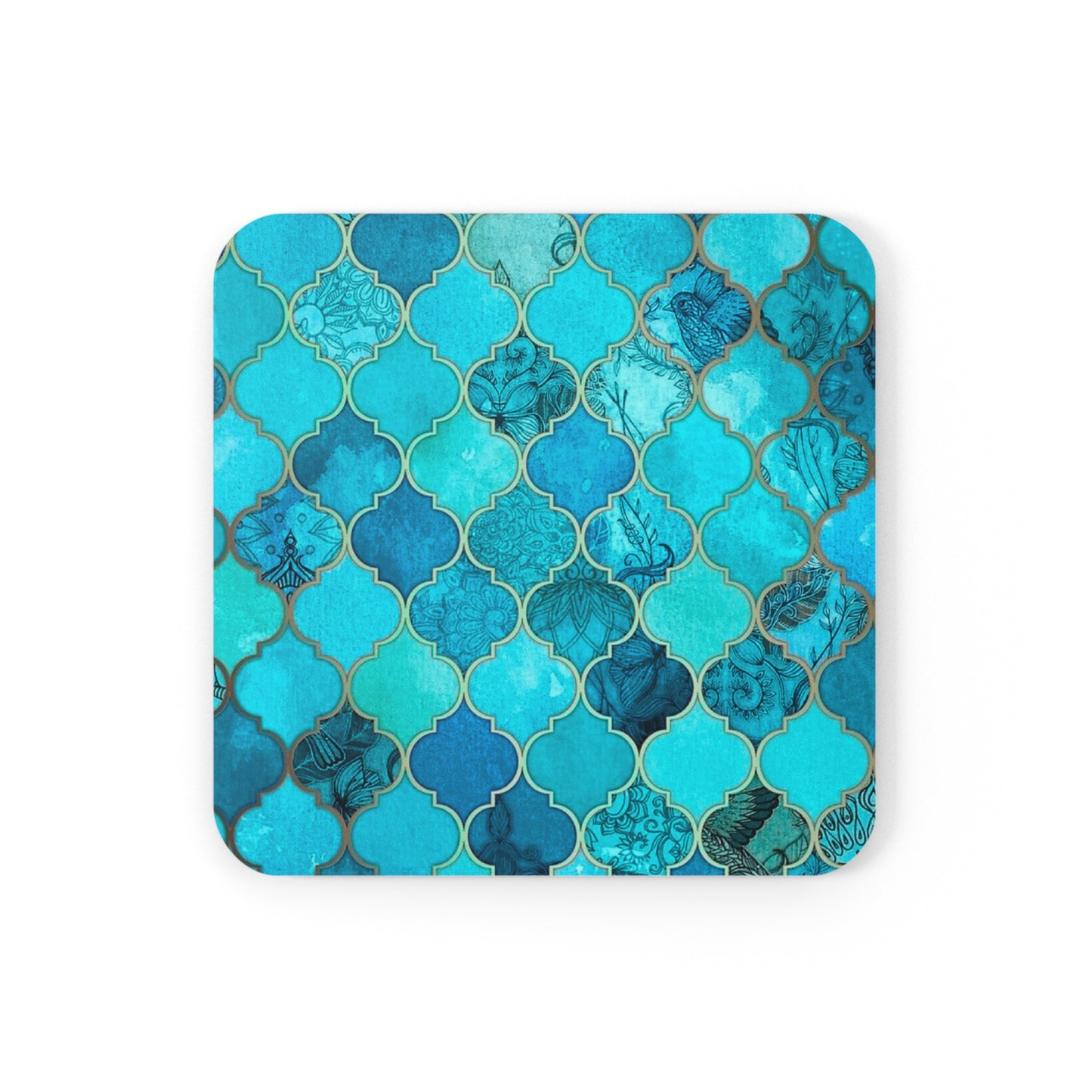 Teal and Turquoise Arabesque Tile Marrakech Moroccan Holiday Christmas Entertaining Corkwood Coaster Set
