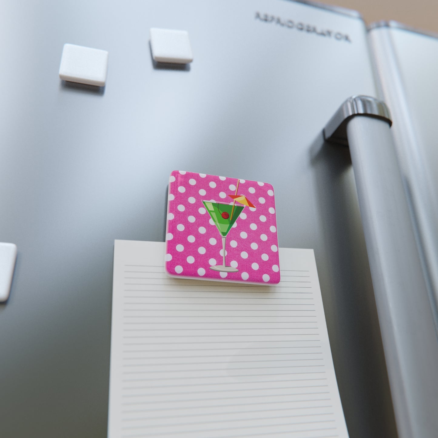 Triple Pink Polka Dot Martini Porcelain Magnet, Square