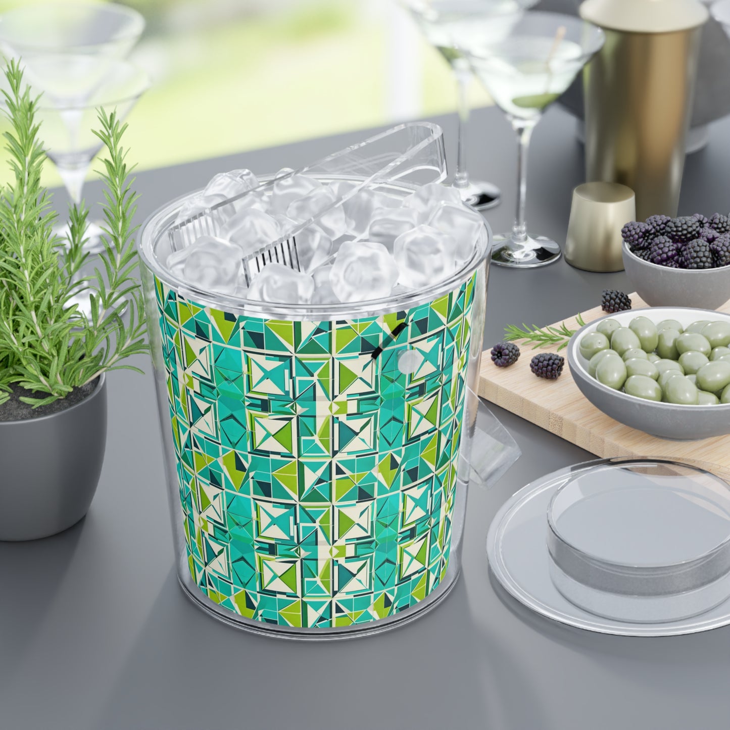Cancun Vacation Midcentury Modern Tile Turquoise and Green Geometric Pattern Patio Summertime Outdoor Party Ice Bucket with Tongs