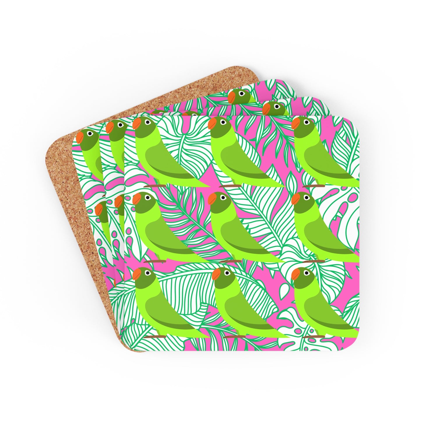 Parrots of Palm Beach Tropical Hot Pink Cocktail Party Beverages Entertaining Corkwood Coaster Set