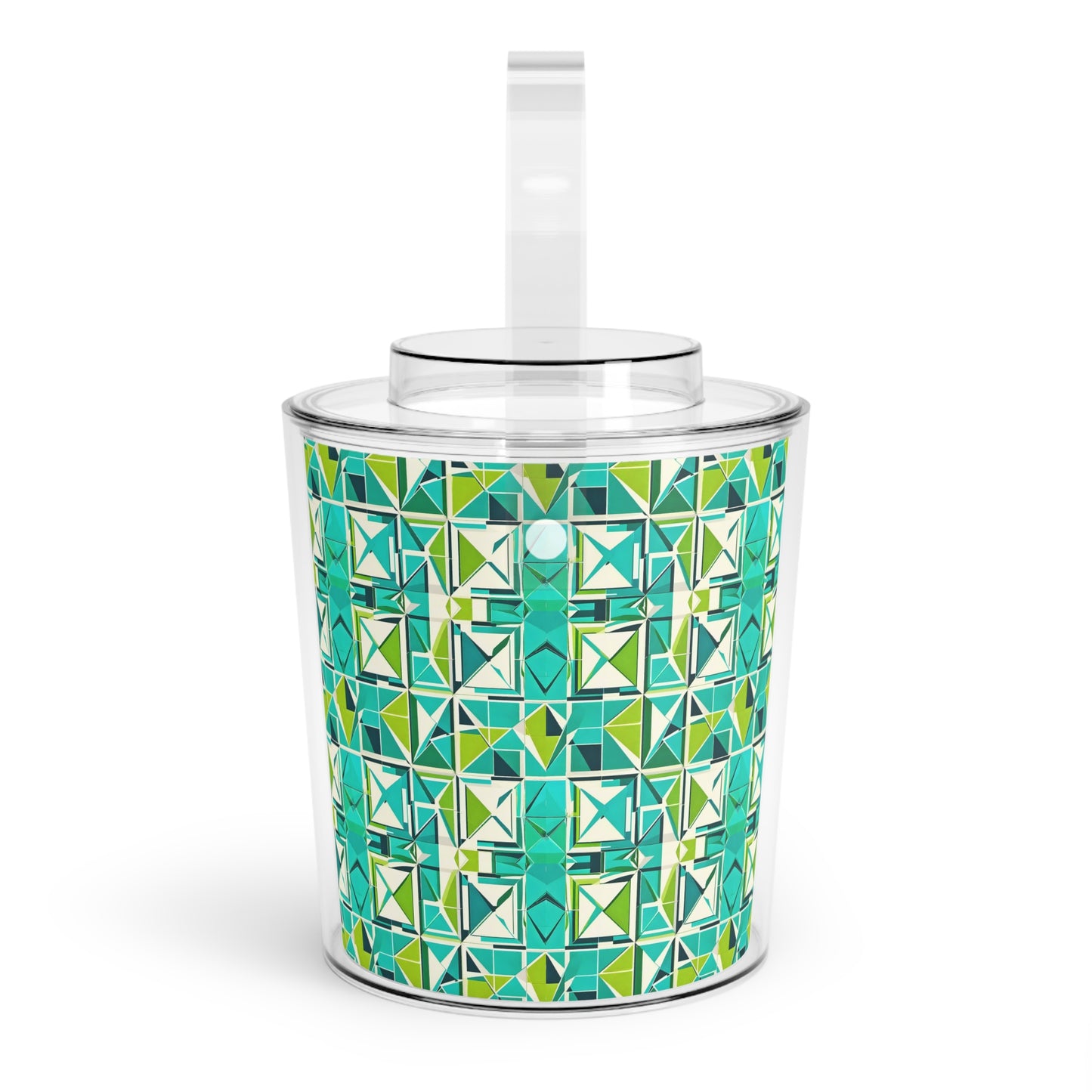 Cancun Vacation Midcentury Modern Tile Turquoise and Green Geometric Pattern Patio Summertime Outdoor Party Ice Bucket with Tongs