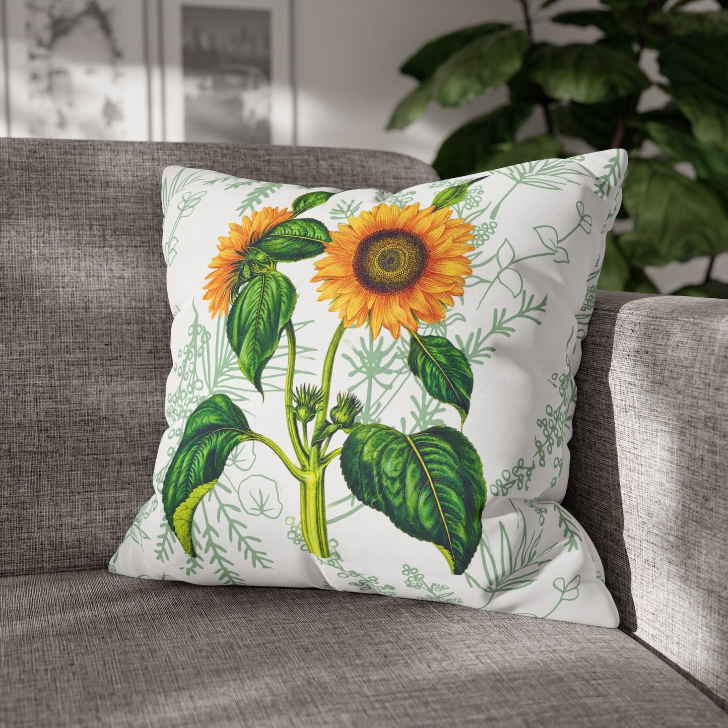 Summer Sunflower Botanical Square Poly Canvas Pillow Cover