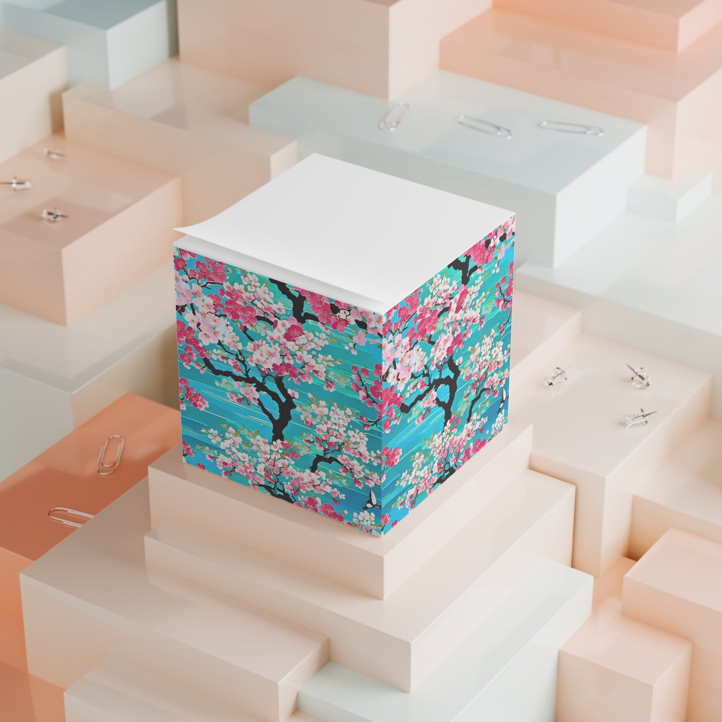 Turquoise Cherry Blossoms Japanese Kyoto Floral Paper Note Cube